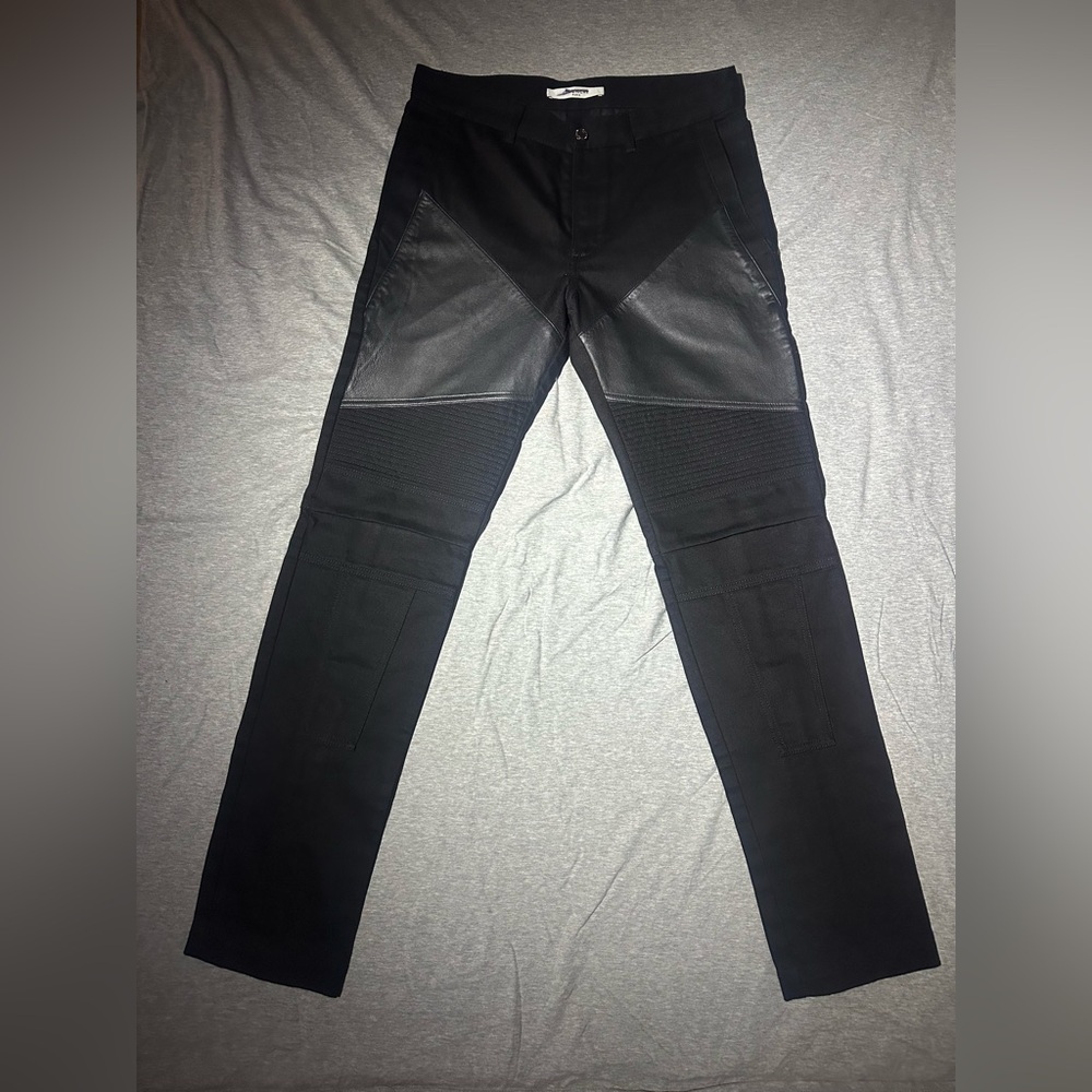 Givenchy S/S 15 black denim & leather panel zip moto biker jeans